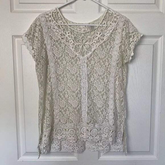 Miss Me Lace Crochet Size Small Top Ivory White Short Sleeve Blouse - Picture 1 of 11